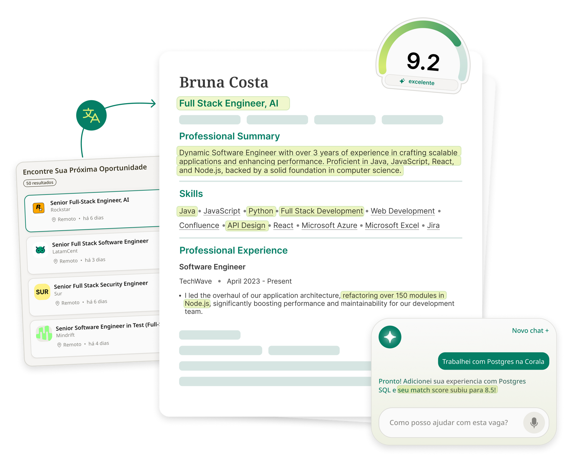 Plataforma prepara.cv: CV em inglês, busca de vagas remotas, score de compatibilidade e chat com IA
